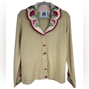 VTG Storybook Knit Floral Embroidered Beige Pink Sweater Size S